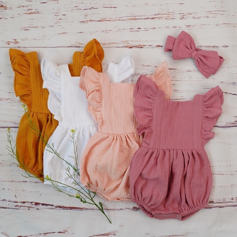 Baby Clothing Organic Cotton - ชุดรอมเปอร์แต่งจีบสำหรับเด็กผ้าโปร่งคู่สำหรับ Baju Bayi perempuan จั๊มสูทที่คาดผมสีชมพูมีฝุ่นสำหรับ3M แรกเกิดใหม่ฤดูร้อน