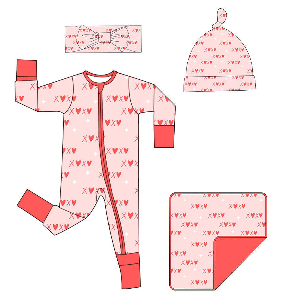 Baby Sleep Suit - ชุดนอนเด็กทารกวาเลนไทน์ลายหัวใจ พร้อมที่คาดผม หมวก ผ้าห่ม และชุดรอมเปอร์เด็ก ลายอื่นๆ