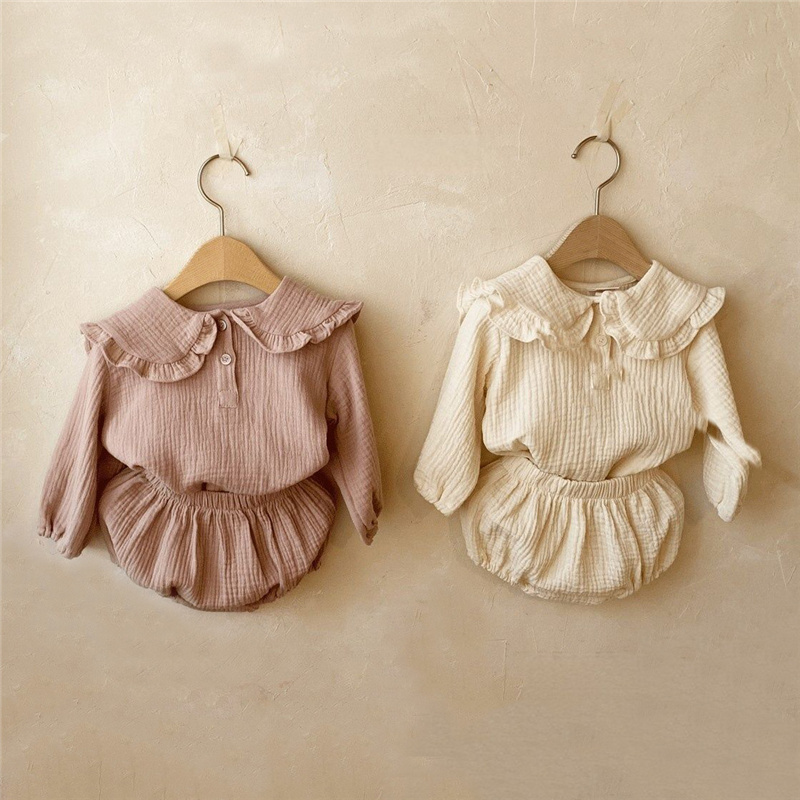 Baby Clothing Organic Cotton - เสื้อผ้าเด็กผู้หญิงแรกเกิด2ชิ้นเสื้อคอปกแต่งระบายผ้าฝ้ายออร์แกนิกเสื้อเชิ้ตแขนยาวคอปก + กางเกงขนมปังเสื้อผ้าลำลองแบบเกาหลี