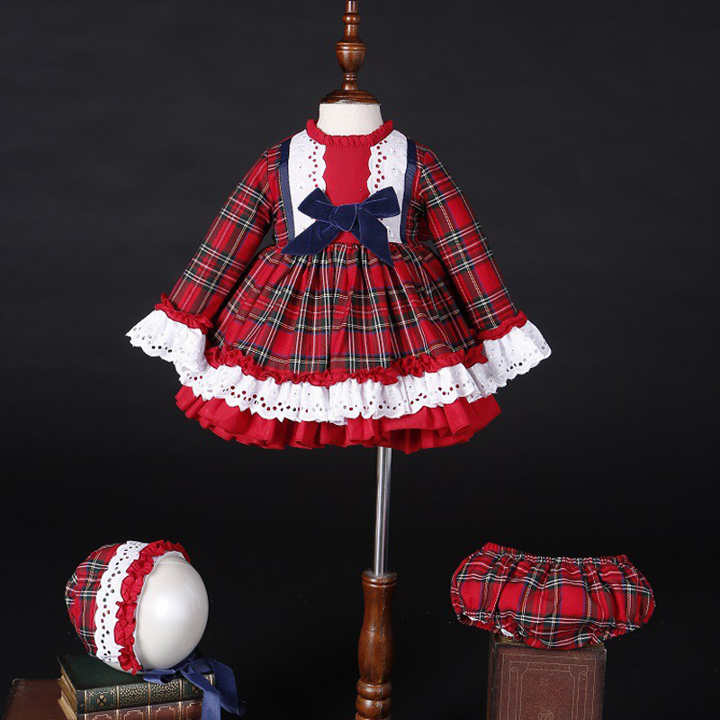 Baby Clothing Girls - เด็กผู้หญิงฤดูใบไม้ร่วงฤดูหนาวคริสต์มาสลายสก๊อตสีแดงวินเทจสเปนปอมปอมบอลชุดเจ้าหญิงผ้าฝ้ายโลลิต้าเสื้อผ้าปาร์ตี้หมวกกางเกง C5